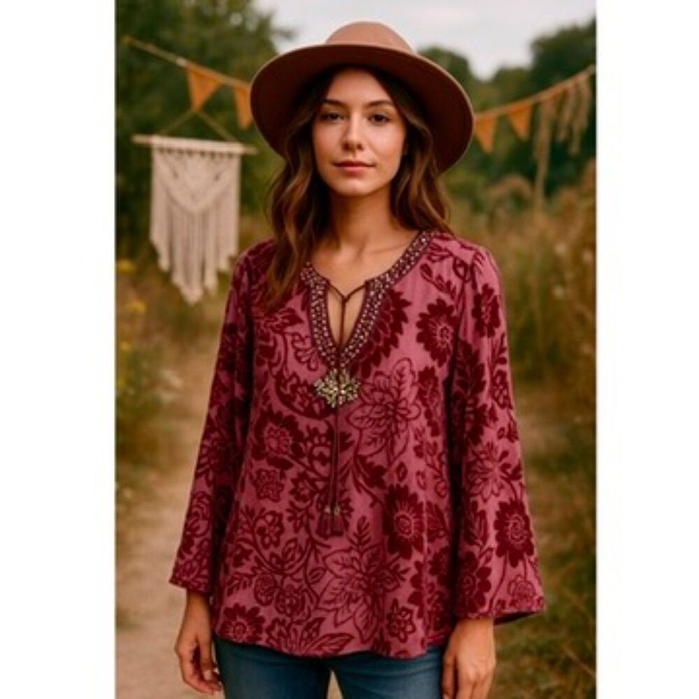 ECI New York VTG Silk Blend Velvet Burnout Floral Beaded Top Sz M Purple Boho